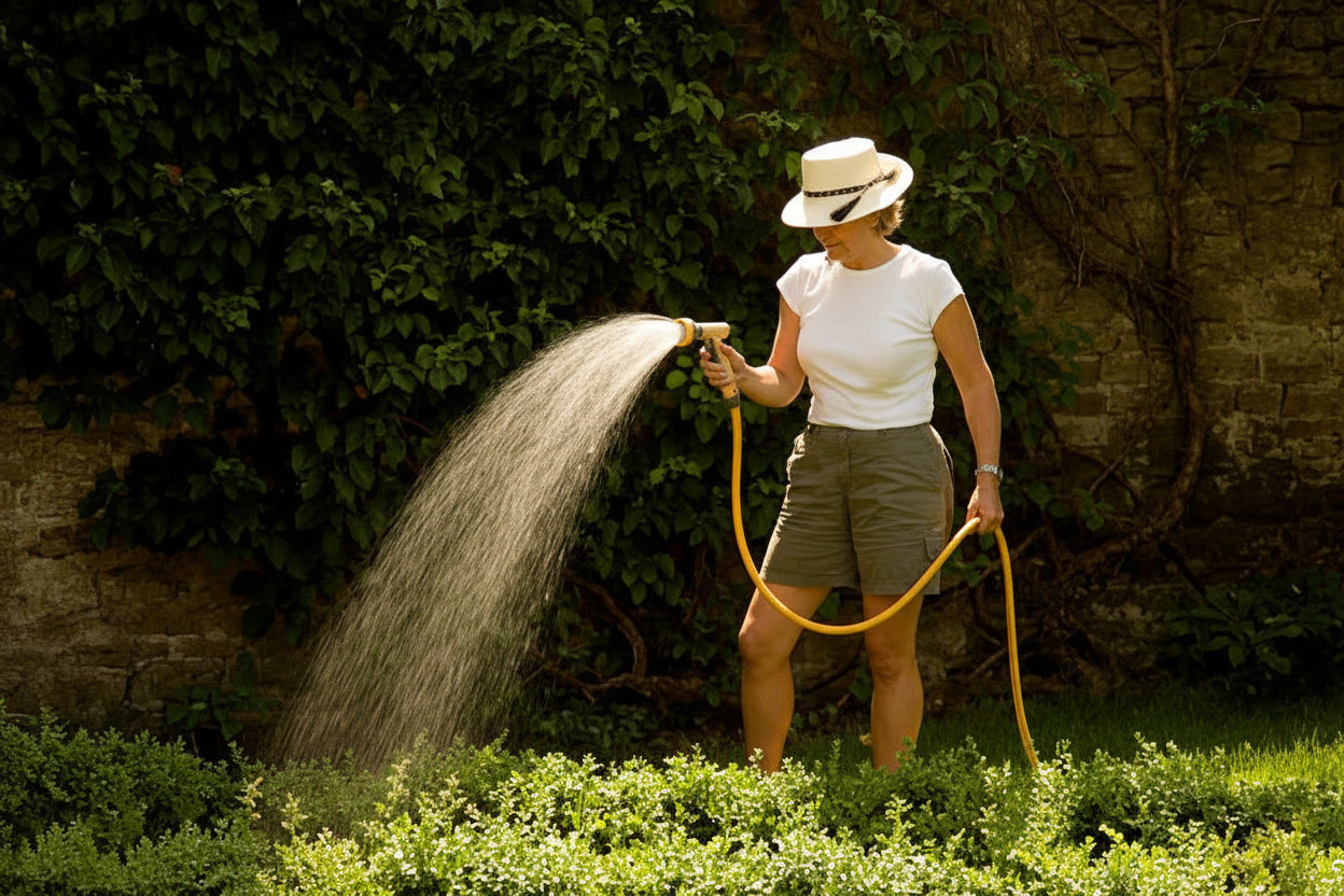 Person watering plants with a hose in a garden setting